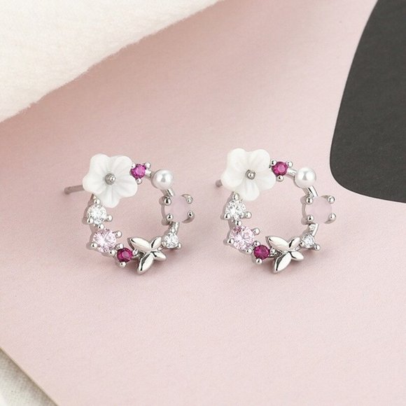 Romantic Flowers Shell Earrings Rose Gold Zircon P - Picture 1 of 6